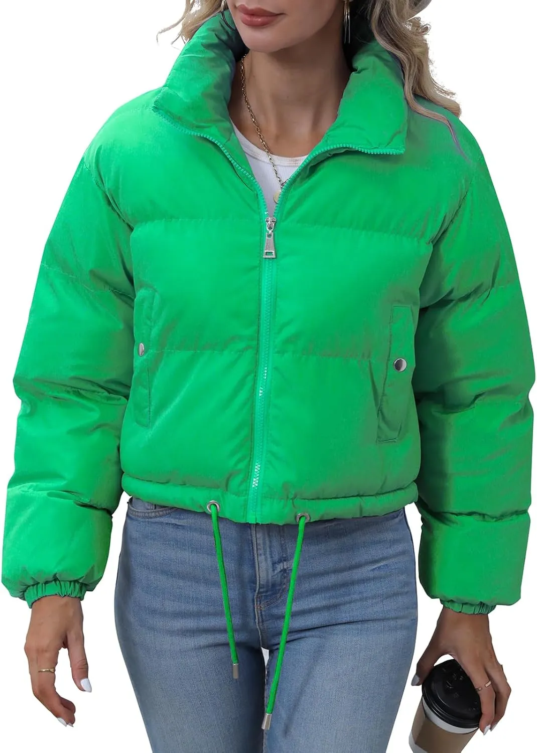 Winter Puffer Jacket Women Cropped Baggy Quilted Coats Long Sleeves Zip Puffy Jackets