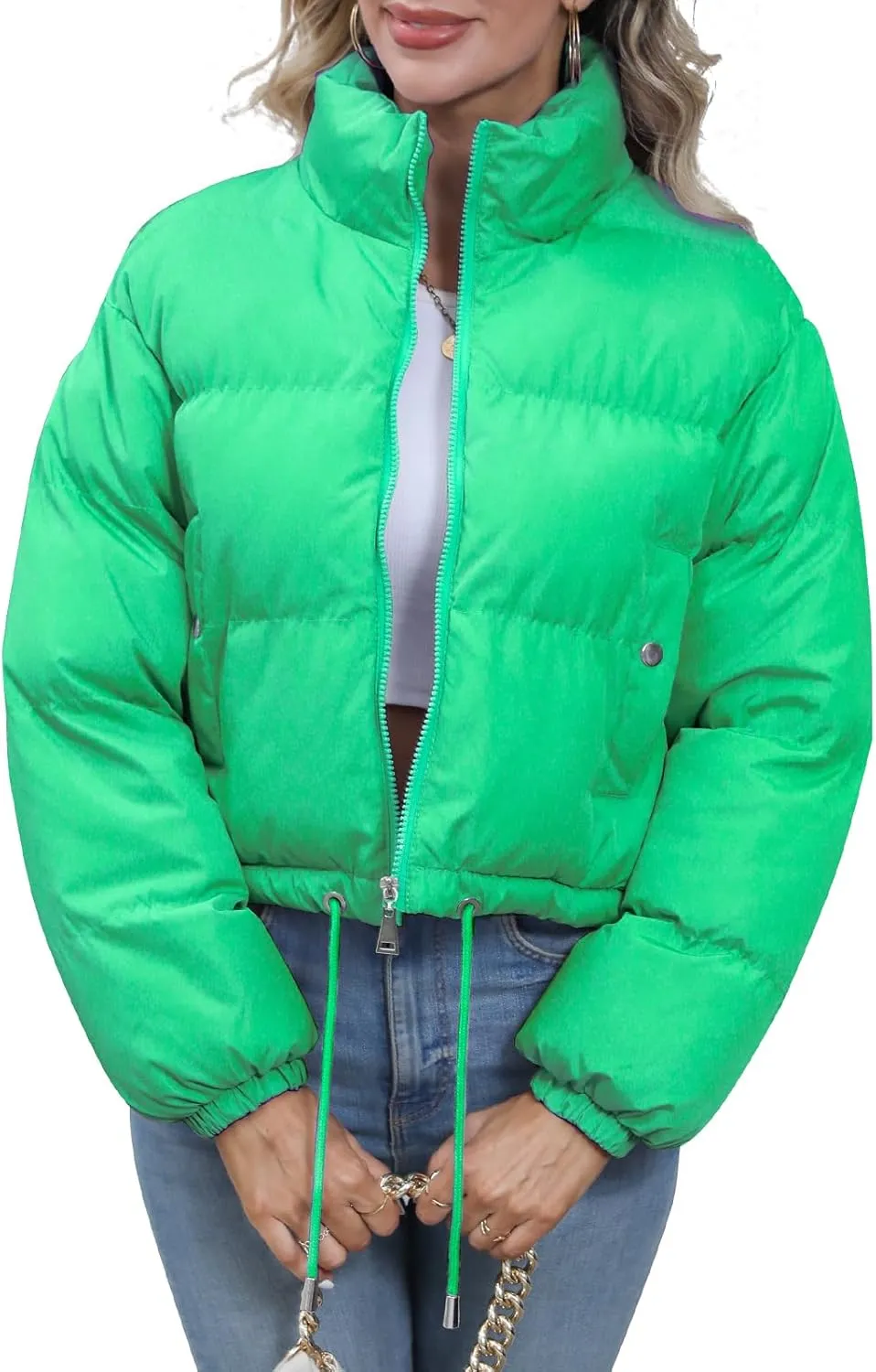 Winter Puffer Jacket Women Cropped Baggy Quilted Coats Long Sleeves Zip Puffy Jackets