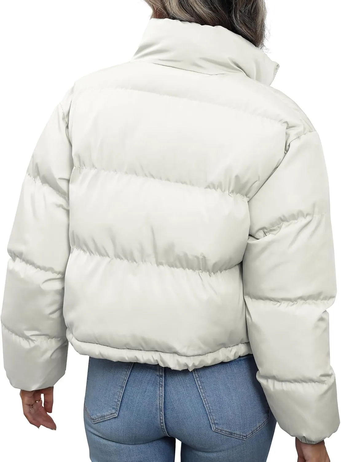 Winter Puffer Jacket Women Cropped Baggy Quilted Coats Long Sleeves Zip Puffy Jackets