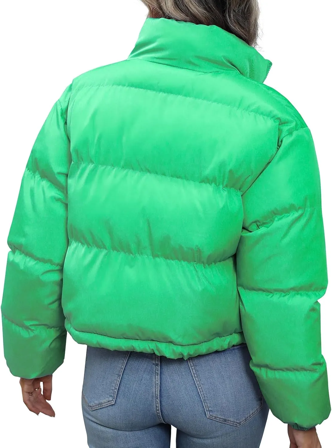 Winter Puffer Jacket Women Cropped Baggy Quilted Coats Long Sleeves Zip Puffy Jackets
