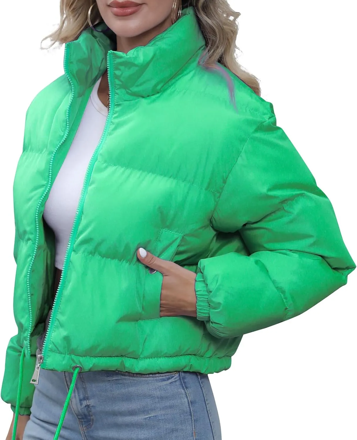 Winter Puffer Jacket Women Cropped Baggy Quilted Coats Long Sleeves Zip Puffy Jackets