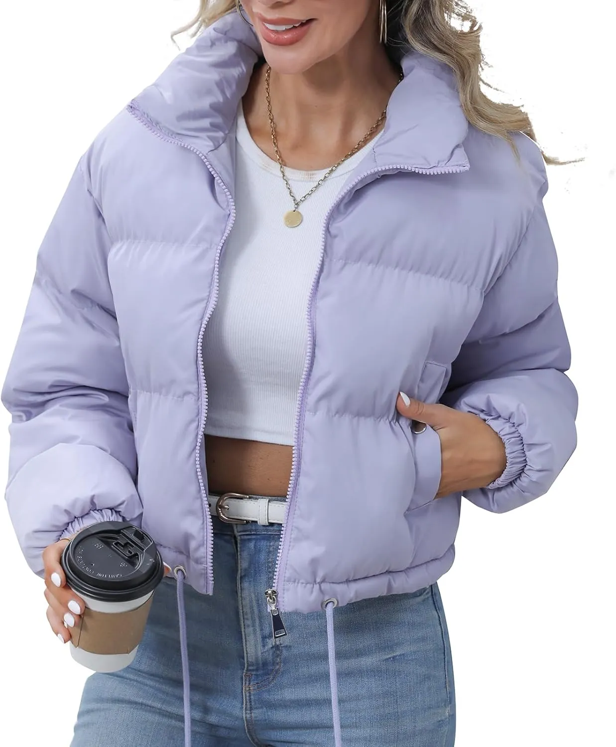 Winter Puffer Jacket Women Cropped Baggy Quilted Coats Long Sleeves Zip Puffy Jackets