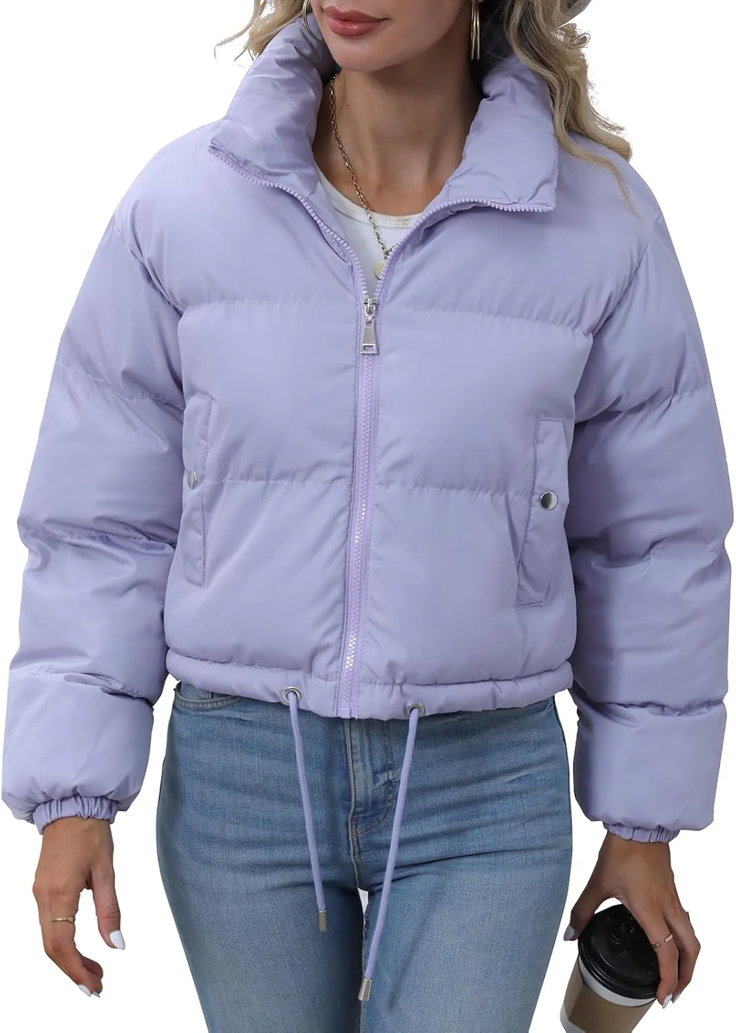 Winter Puffer Jacket Women Cropped Baggy Quilted Coats Long Sleeves Zip Puffy Jackets