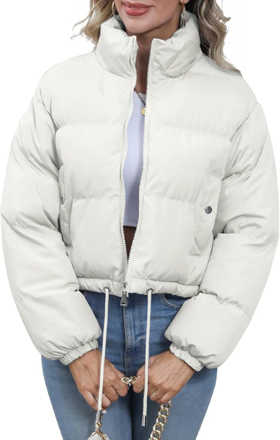 Winter Puffer Jacket Women Cropped Baggy Quilted Coats Long Sleeves Zip Puffy Jackets