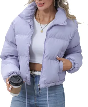 Winter Puffer Jacket Women Cropped Baggy Quilted Coats Long Sleeves Zip Puffy Jackets