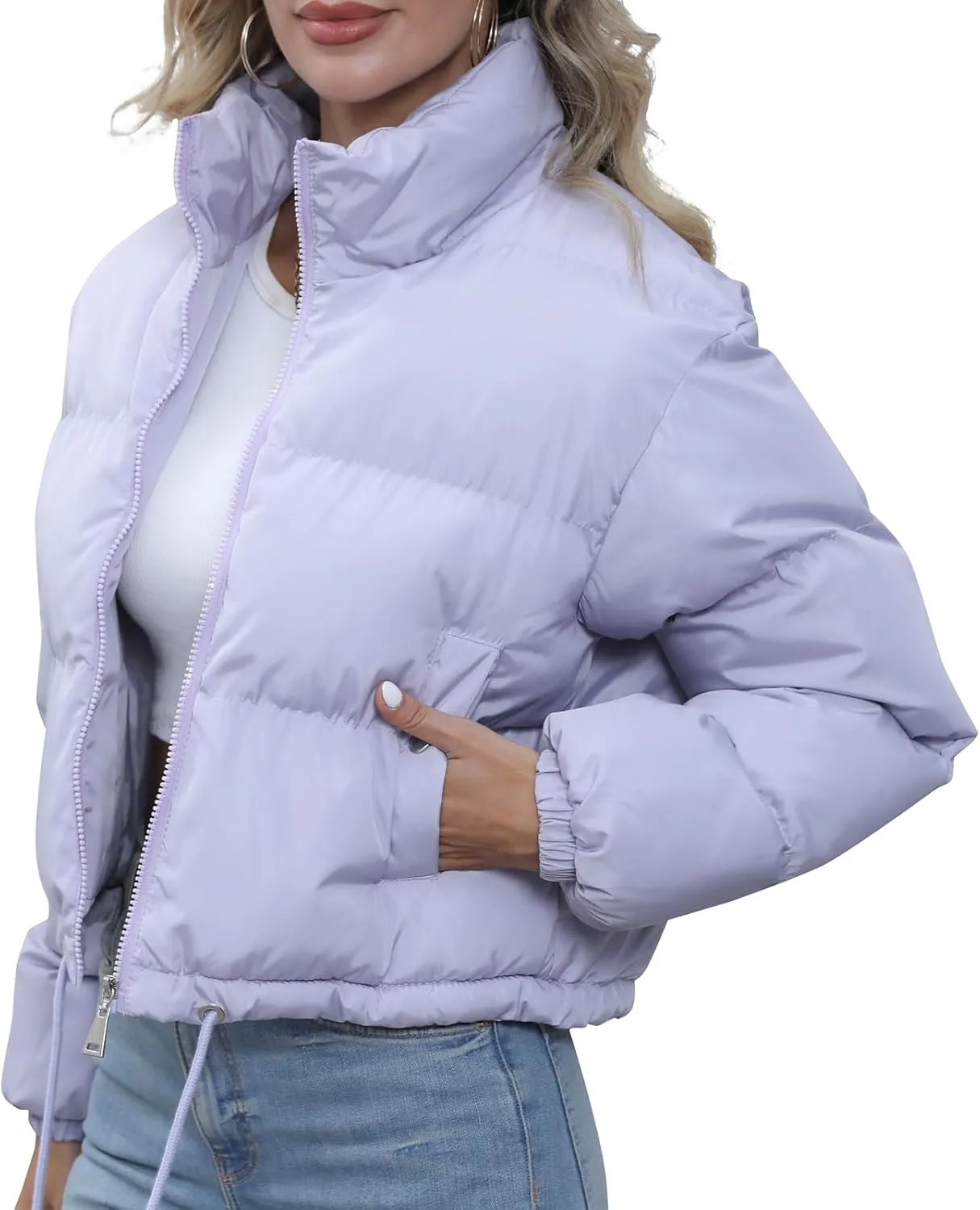 Winter Puffer Jacket Women Cropped Baggy Quilted Coats Long Sleeves Zip Puffy Jackets