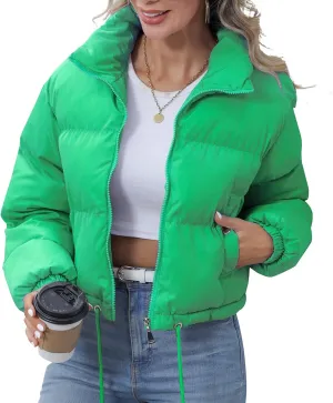 Winter Puffer Jacket Women Cropped Baggy Quilted Coats Long Sleeves Zip Puffy Jackets