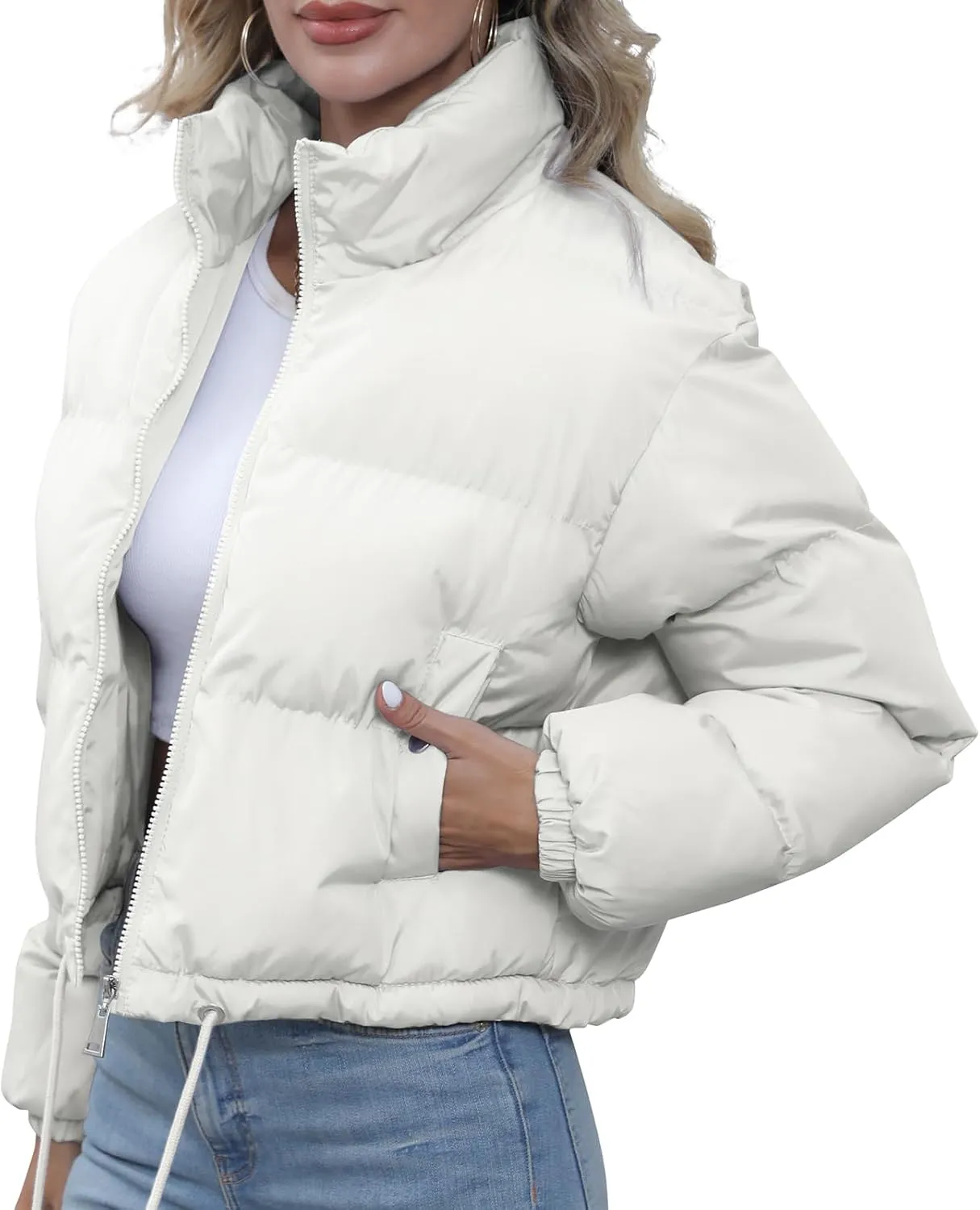 Winter Puffer Jacket Women Cropped Baggy Quilted Coats Long Sleeves Zip Puffy Jackets