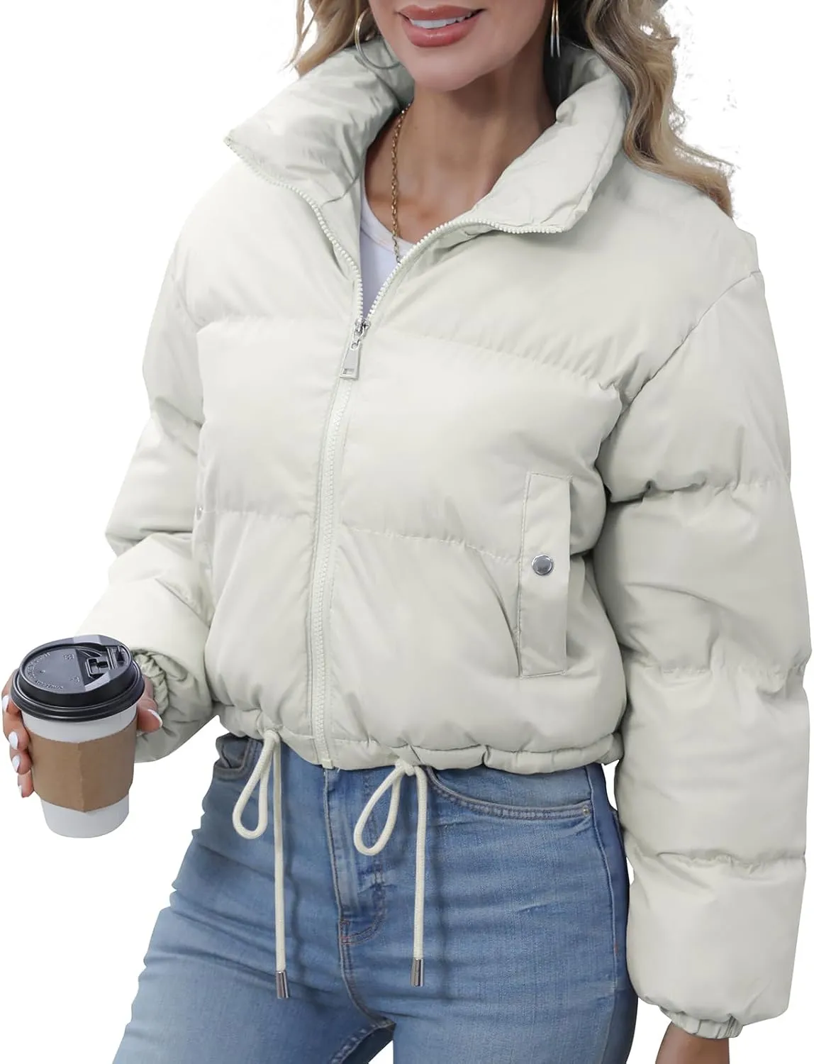 Winter Puffer Jacket Women Cropped Baggy Quilted Coats Long Sleeves Zip Puffy Jackets