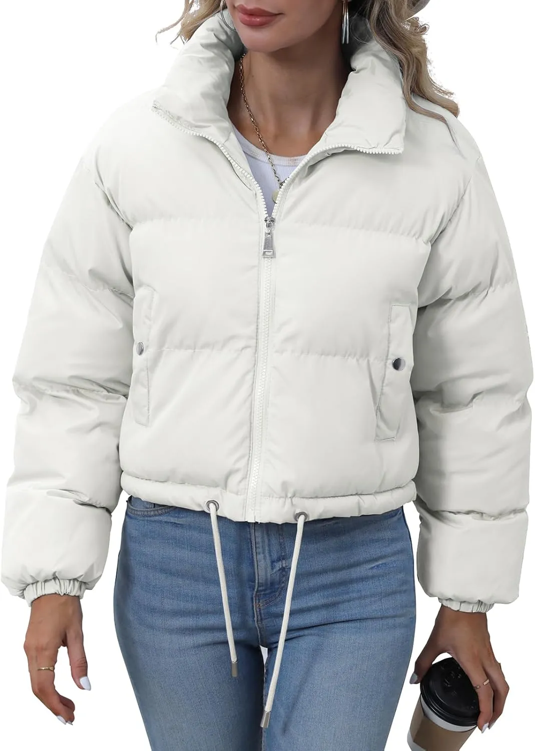 Winter Puffer Jacket Women Cropped Baggy Quilted Coats Long Sleeves Zip Puffy Jackets