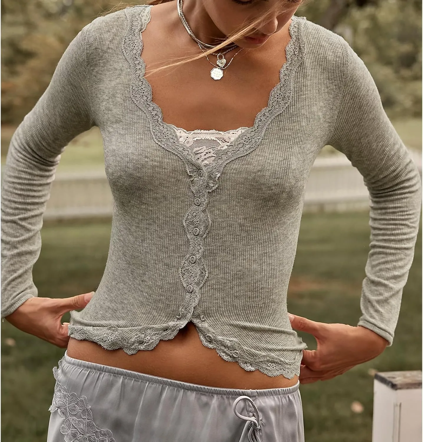 Women Lightweight Lace Trim Fitted Cardigan Rib Knit Long Sleeve Button Down Shirt V Neck Y2k Going Out Top