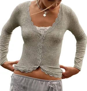 Women Lightweight Lace Trim Fitted Cardigan Rib Knit Long Sleeve Button Down Shirt V Neck Y2k Going Out Top