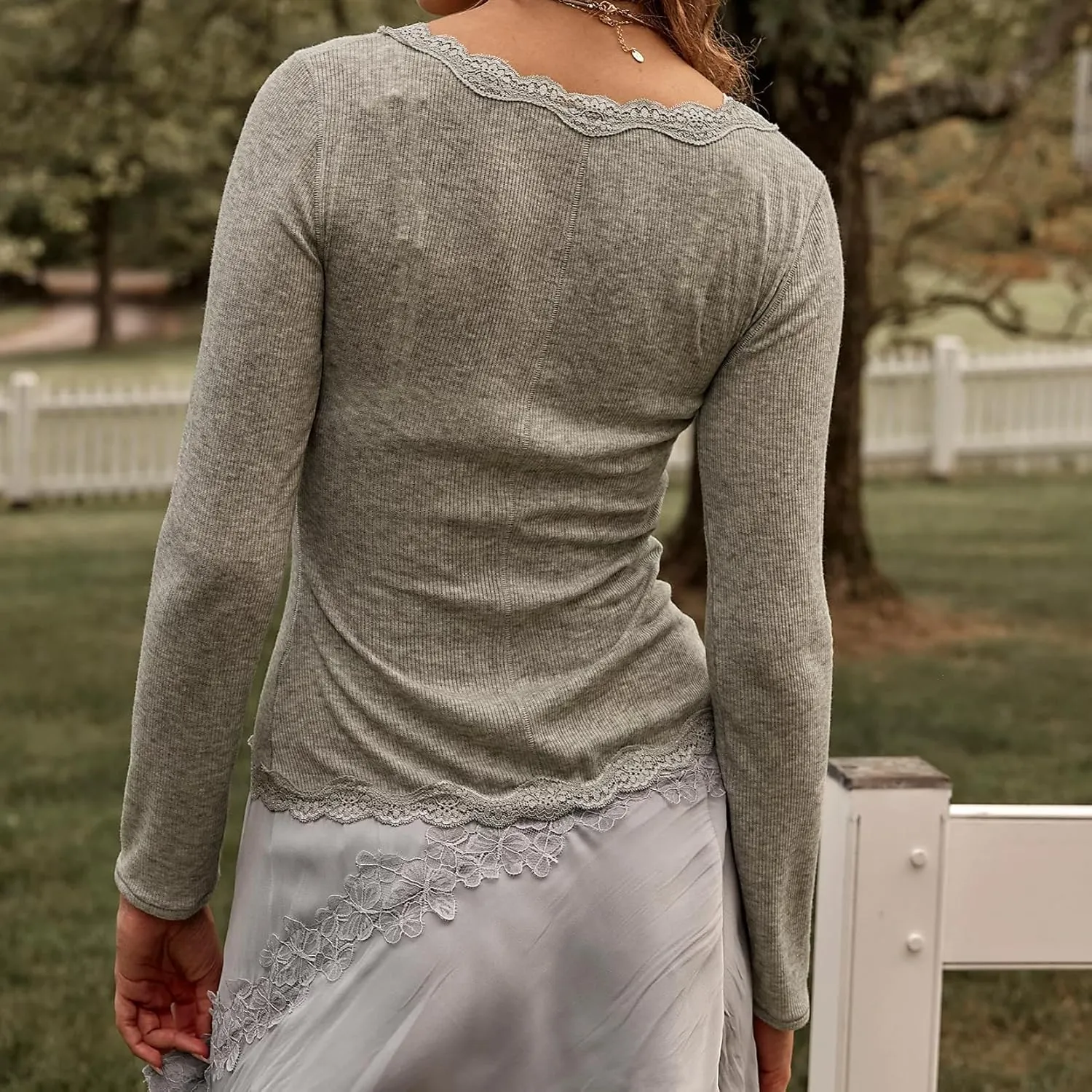 Women Lightweight Lace Trim Fitted Cardigan Rib Knit Long Sleeve Button Down Shirt V Neck Y2k Going Out Top