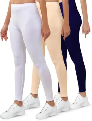 Women's Cotton Ankle Length Leggings | Elastic Waistband Soft Stretchable Everyday Wear | Pack of 3