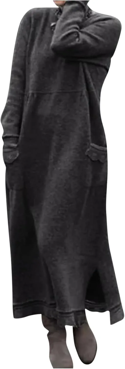 Womens Fall Casual Sweatshirt Dresses Long Sleeve Split Hem Maxi Dresses Loose Fit Ankle Length Dresses with Pockets