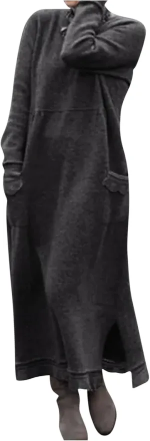 Womens Fall Casual Sweatshirt Dresses Long Sleeve Split Hem Maxi Dresses Loose Fit Ankle Length Dresses with Pockets