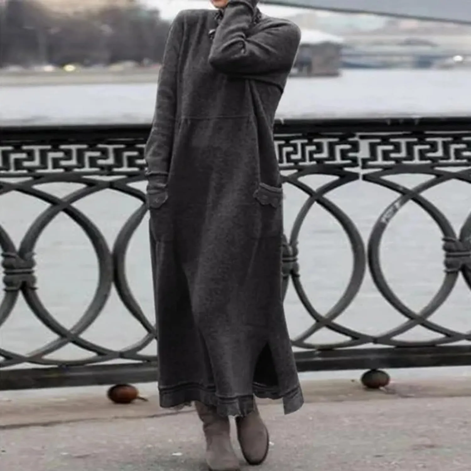 Womens Fall Casual Sweatshirt Dresses Long Sleeve Split Hem Maxi Dresses Loose Fit Ankle Length Dresses with Pockets