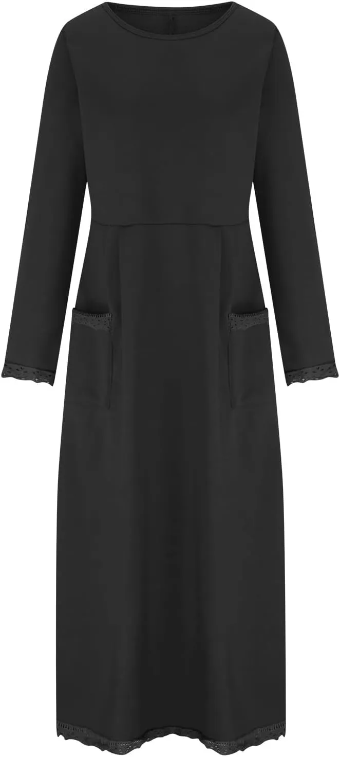 Womens Fall Casual Sweatshirt Dresses Long Sleeve Split Hem Maxi Dresses Loose Fit Ankle Length Dresses with Pockets