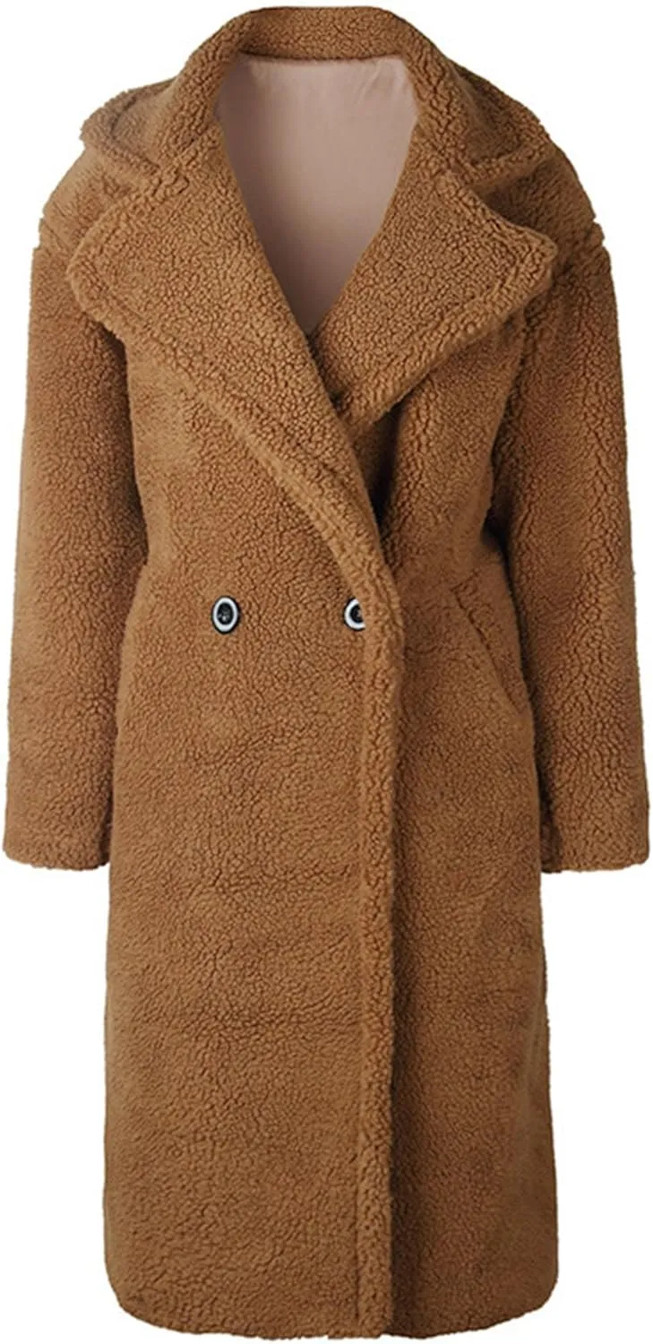 Women's Fleece Lapel Collar Trench Coat Open Front Long Cardigan Overcoat Winter Warm Outwear Jackets