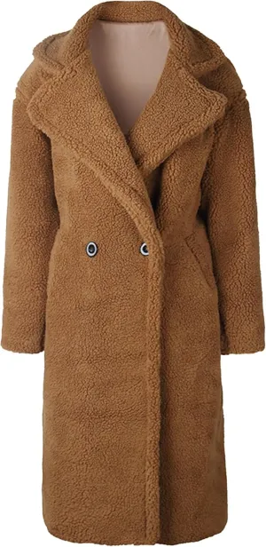 Women's Fleece Lapel Collar Trench Coat Open Front Long Cardigan Overcoat Winter Warm Outwear Jackets