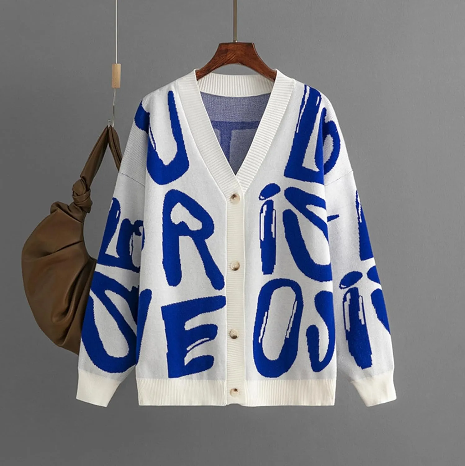 Women's Knit Long Sleeve Open Front Cardigan V-Neck Button Down Letter Pattern Sweater Coat Outwear