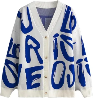 Women's Knit Long Sleeve Open Front Cardigan V-Neck Button Down Letter Pattern Sweater Coat Outwear