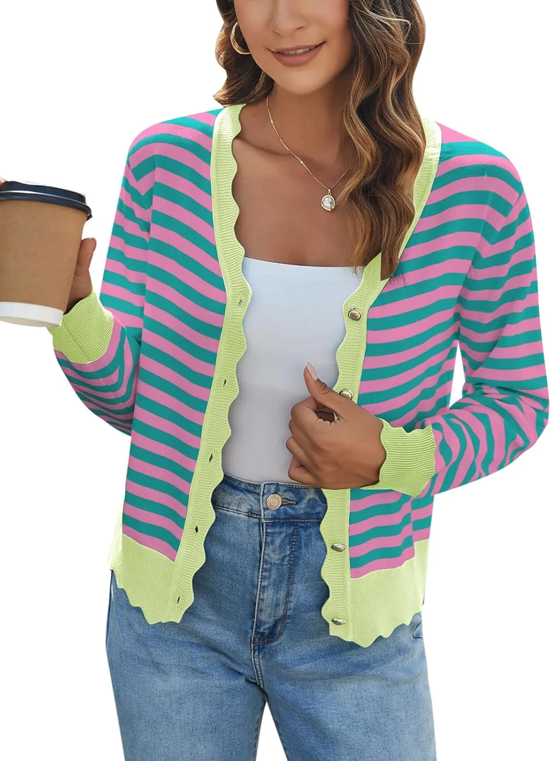 Women's Lightweight Cardigans Casual Long Sleeve V-Neck Button Print Sweaters Open Front Outerwear