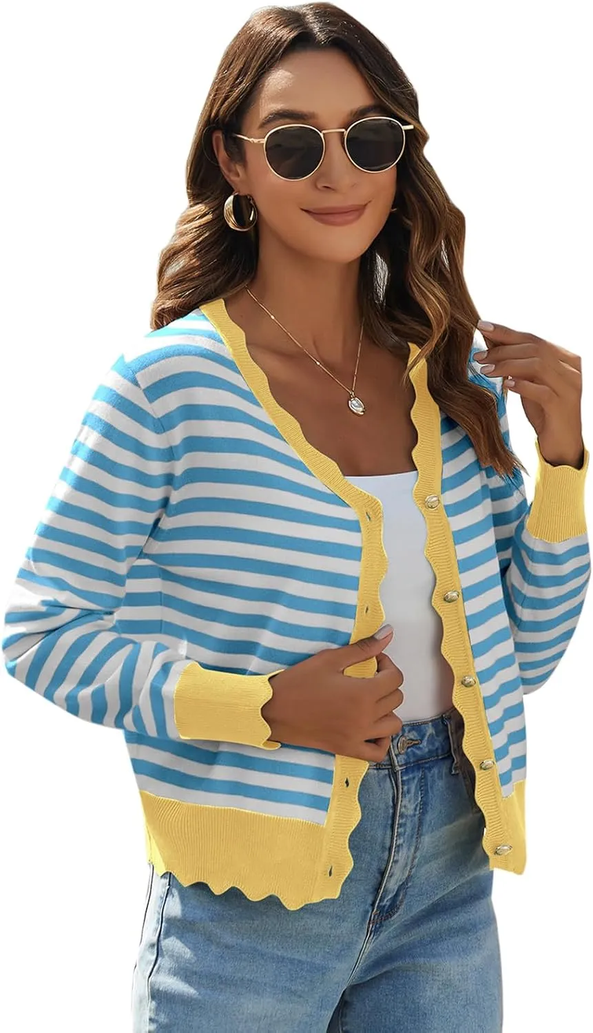 Women's Lightweight Cardigans Casual Long Sleeve V-Neck Button Print Sweaters Open Front Outerwear