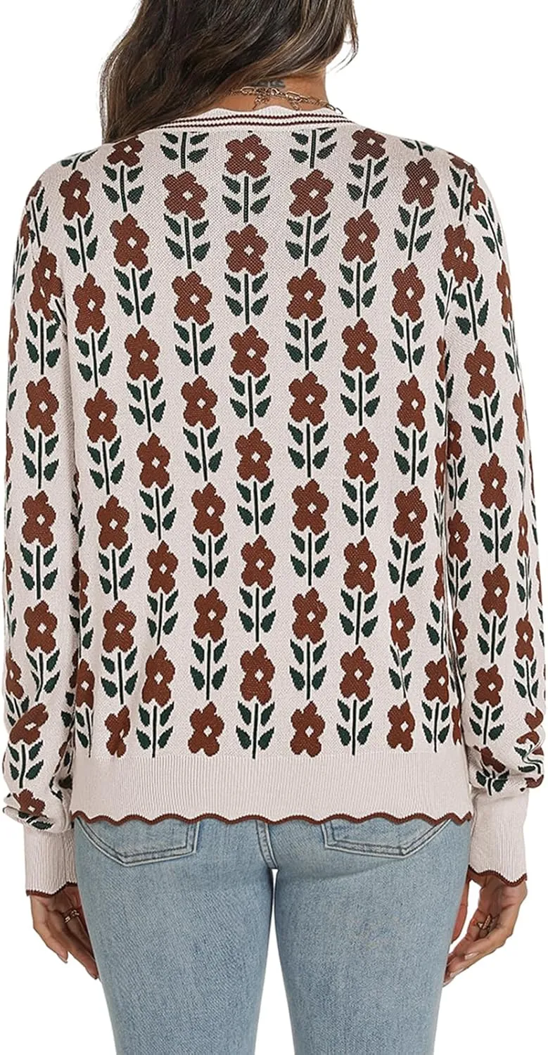Women's Lightweight Cardigans Casual Long Sleeve V-Neck Button Print Sweaters Open Front Outerwear