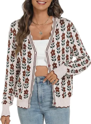 Women's Lightweight Cardigans Casual Long Sleeve V-Neck Button Print Sweaters Open Front Outerwear