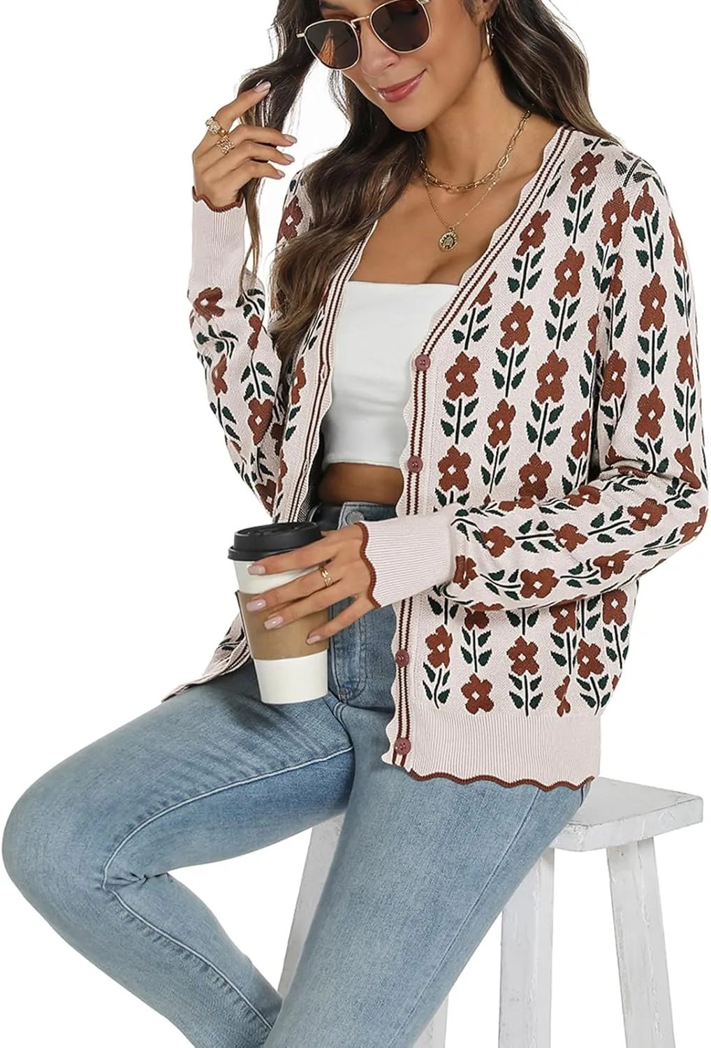 Women's Lightweight Cardigans Casual Long Sleeve V-Neck Button Print Sweaters Open Front Outerwear