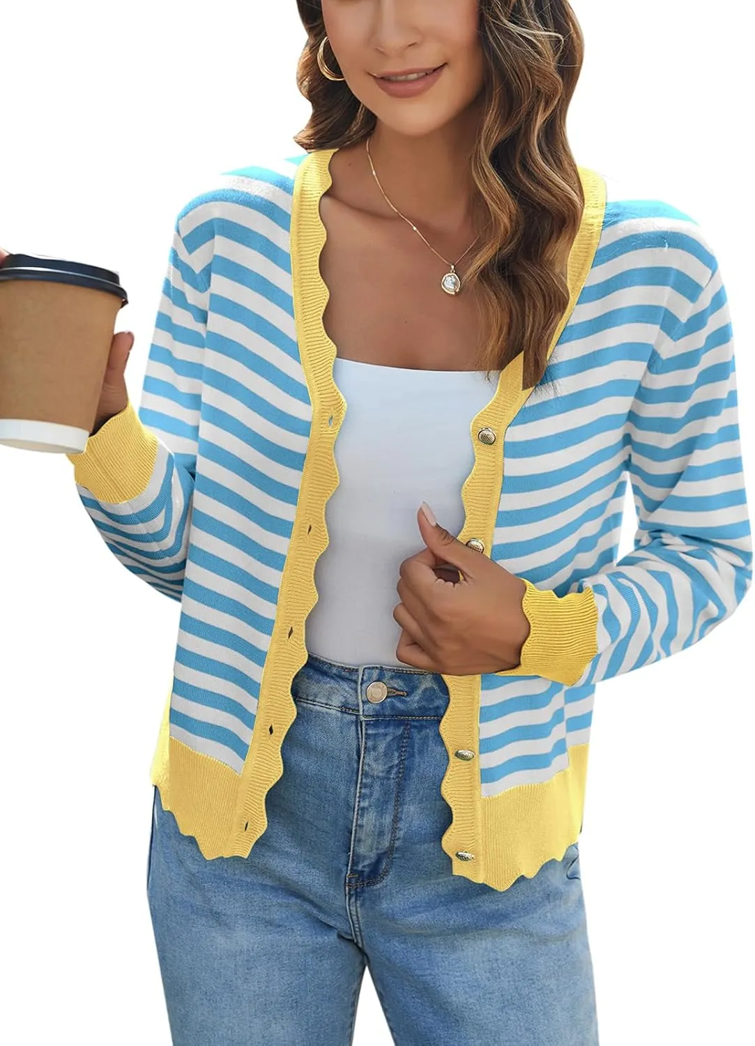 Women's Lightweight Cardigans Casual Long Sleeve V-Neck Button Print Sweaters Open Front Outerwear