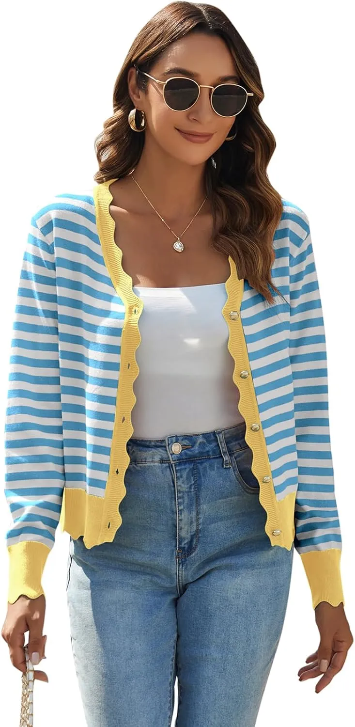 Women's Lightweight Cardigans Casual Long Sleeve V-Neck Button Print Sweaters Open Front Outerwear