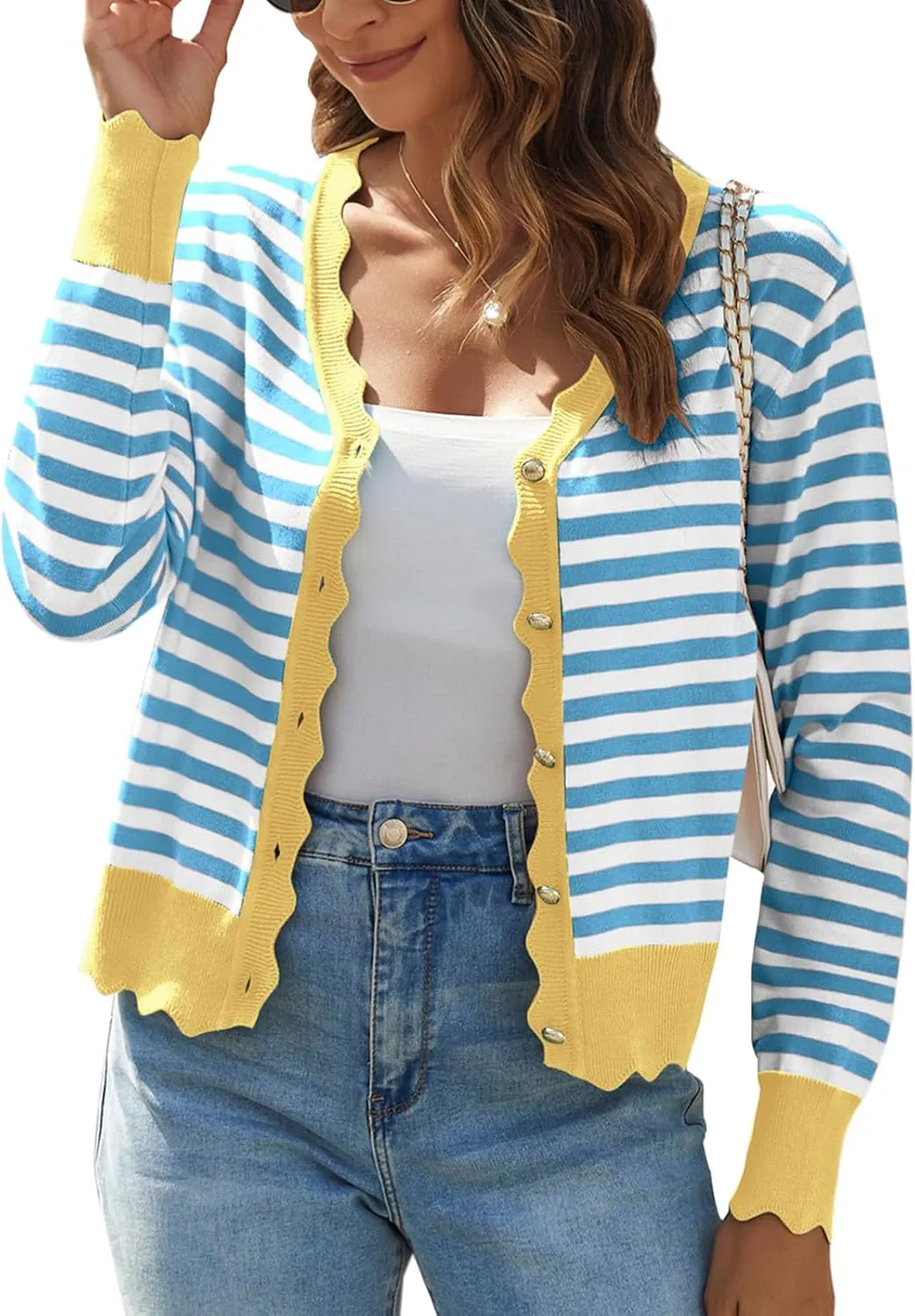 Women's Lightweight Cardigans Casual Long Sleeve V-Neck Button Print Sweaters Open Front Outerwear