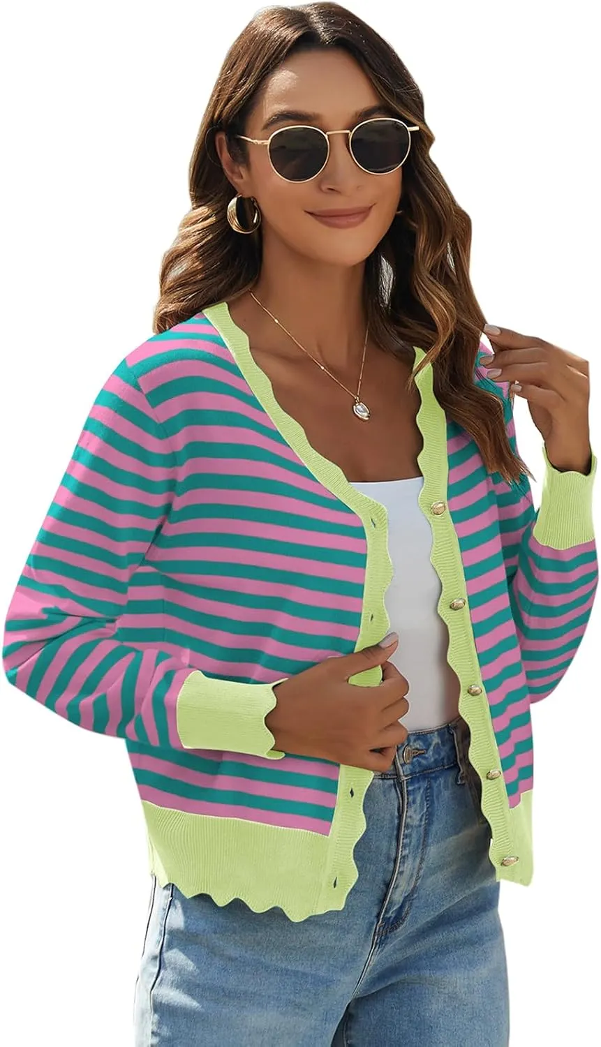 Women's Lightweight Cardigans Casual Long Sleeve V-Neck Button Print Sweaters Open Front Outerwear