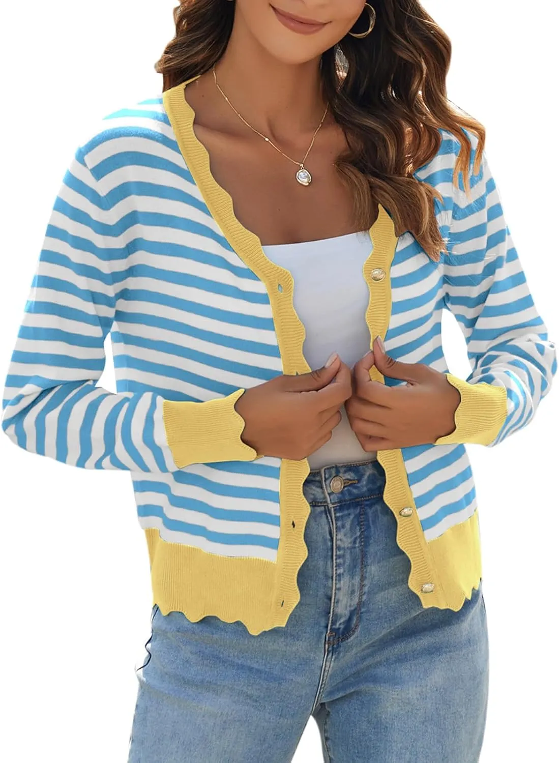 Women's Lightweight Cardigans Casual Long Sleeve V-Neck Button Print Sweaters Open Front Outerwear
