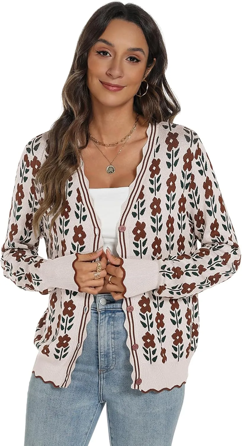 Women's Lightweight Cardigans Casual Long Sleeve V-Neck Button Print Sweaters Open Front Outerwear