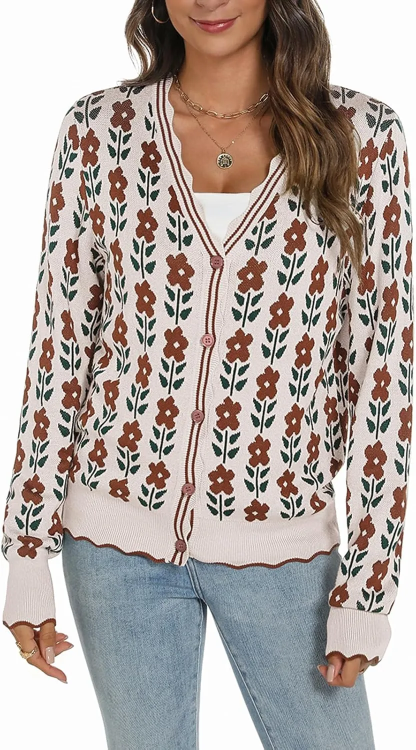 Women's Lightweight Cardigans Casual Long Sleeve V-Neck Button Print Sweaters Open Front Outerwear