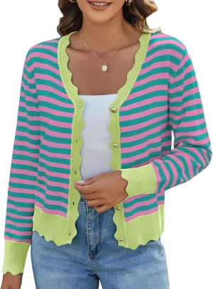 Women's Lightweight Cardigans Casual Long Sleeve V-Neck Button Print Sweaters Open Front Outerwear