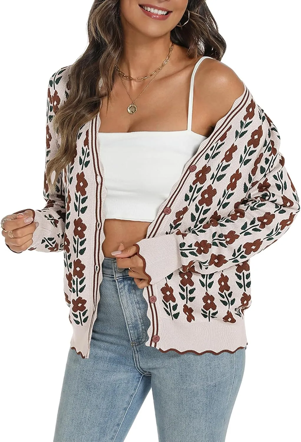 Women's Lightweight Cardigans Casual Long Sleeve V-Neck Button Print Sweaters Open Front Outerwear
