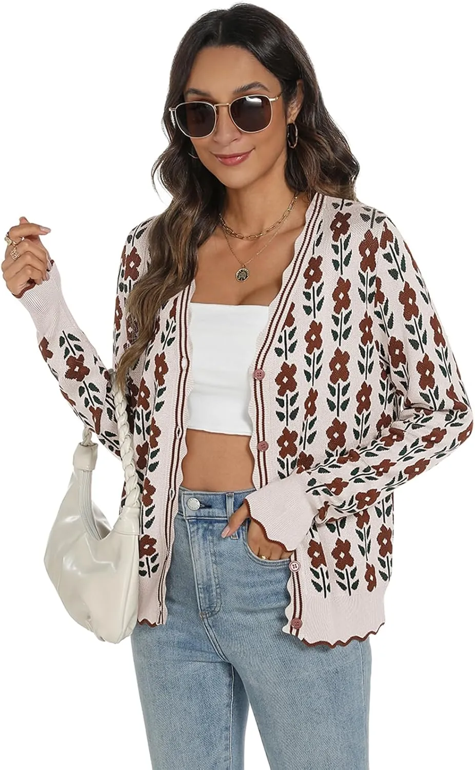 Women's Lightweight Cardigans Casual Long Sleeve V-Neck Button Print Sweaters Open Front Outerwear