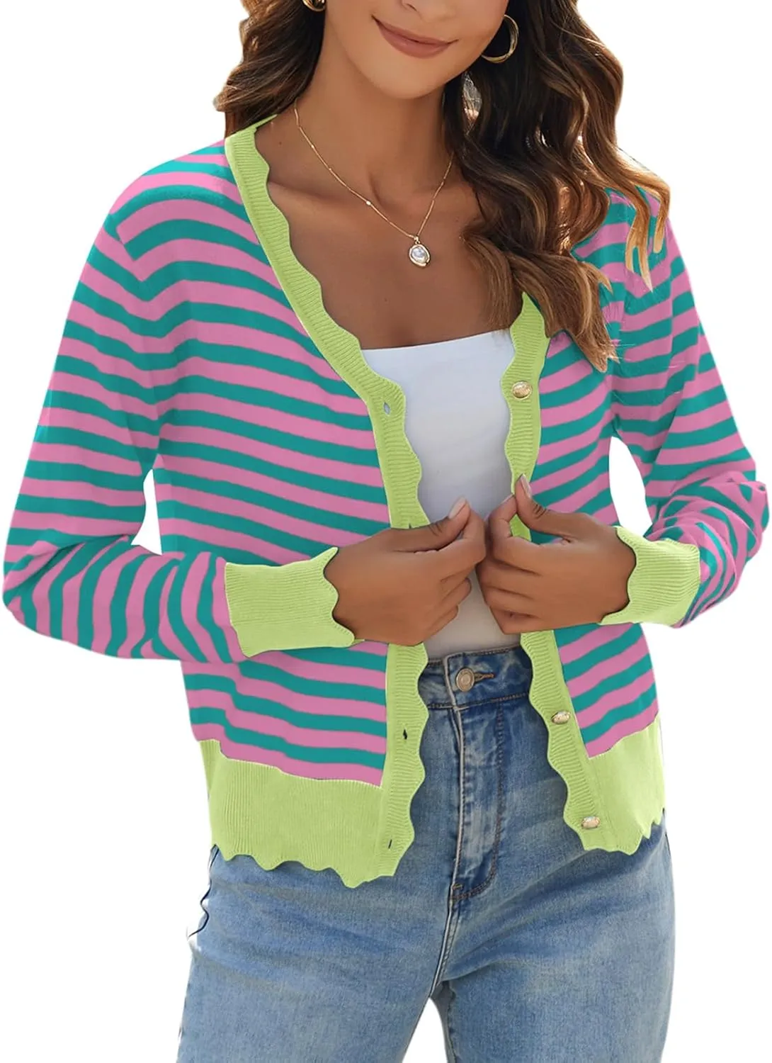 Women's Lightweight Cardigans Casual Long Sleeve V-Neck Button Print Sweaters Open Front Outerwear