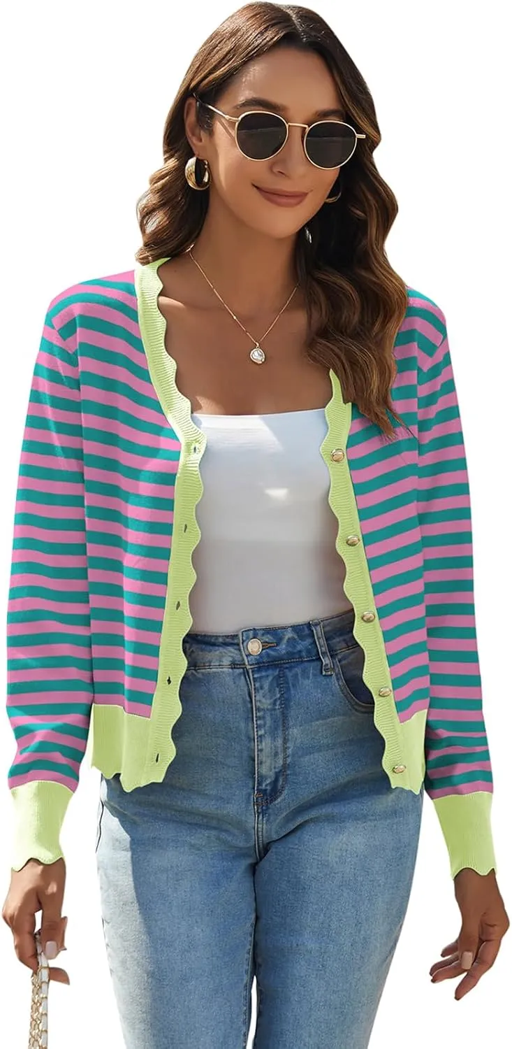 Women's Lightweight Cardigans Casual Long Sleeve V-Neck Button Print Sweaters Open Front Outerwear