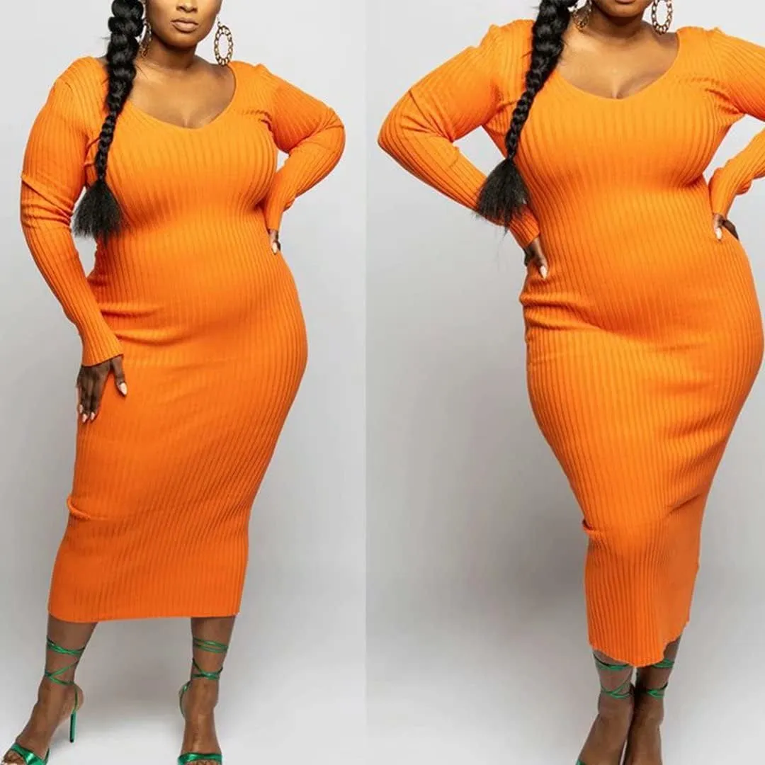 Women's Plus Size Sexy Stretchable Long Sleeve Maxi Sweater Off Shoulder Knit Slim Fit Dress