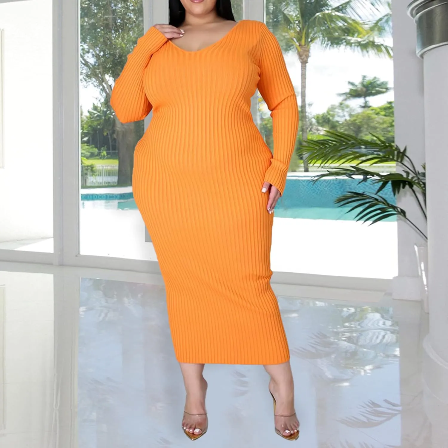 Women's Plus Size Sexy Stretchable Long Sleeve Maxi Sweater Off Shoulder Knit Slim Fit Dress