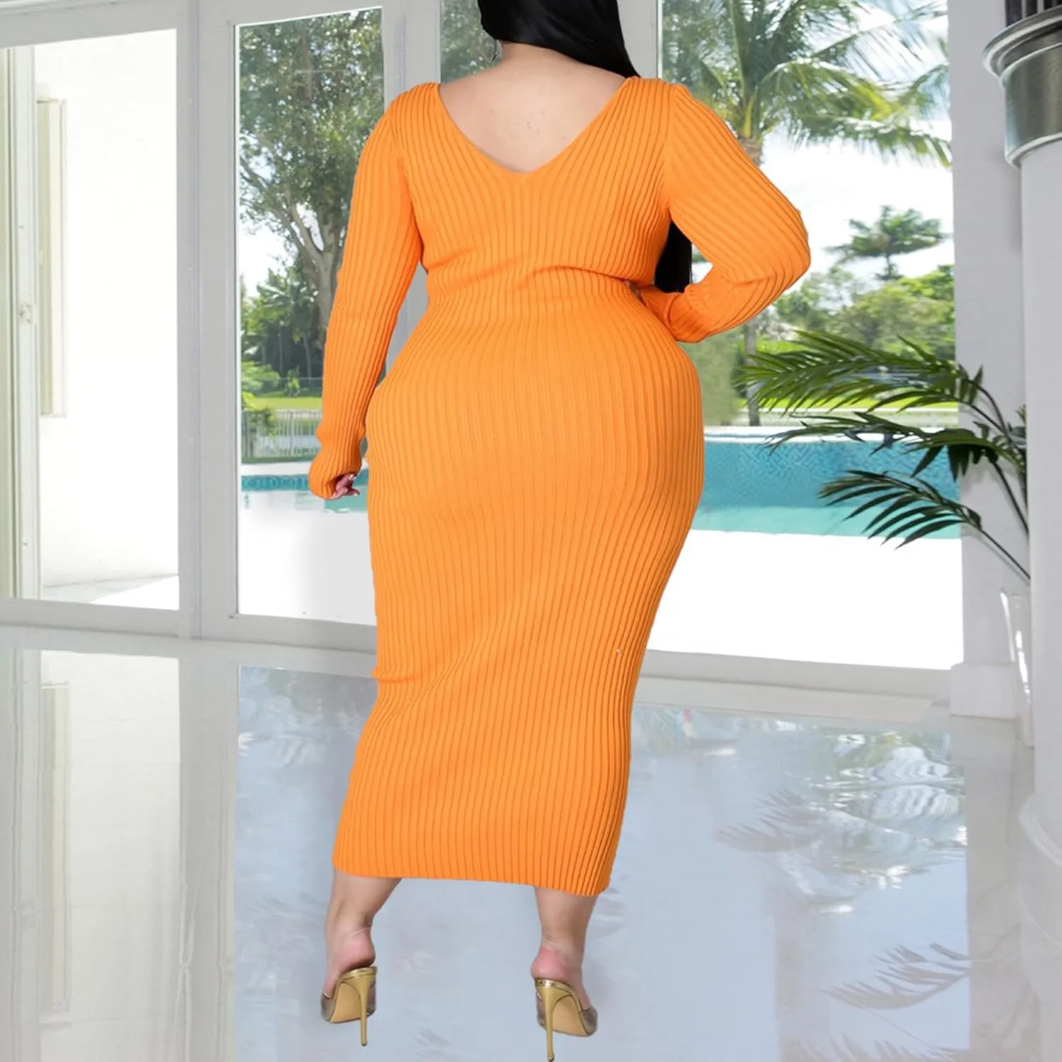 Women's Plus Size Sexy Stretchable Long Sleeve Maxi Sweater Off Shoulder Knit Slim Fit Dress