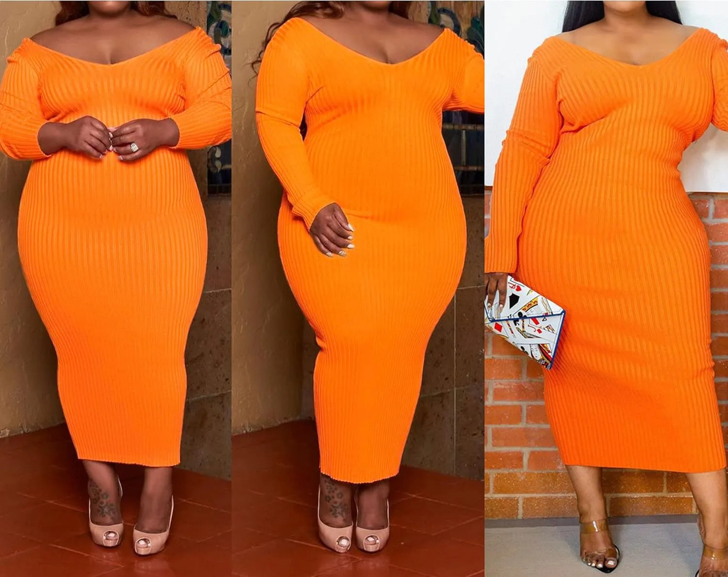 Women's Plus Size Sexy Stretchable Long Sleeve Maxi Sweater Off Shoulder Knit Slim Fit Dress