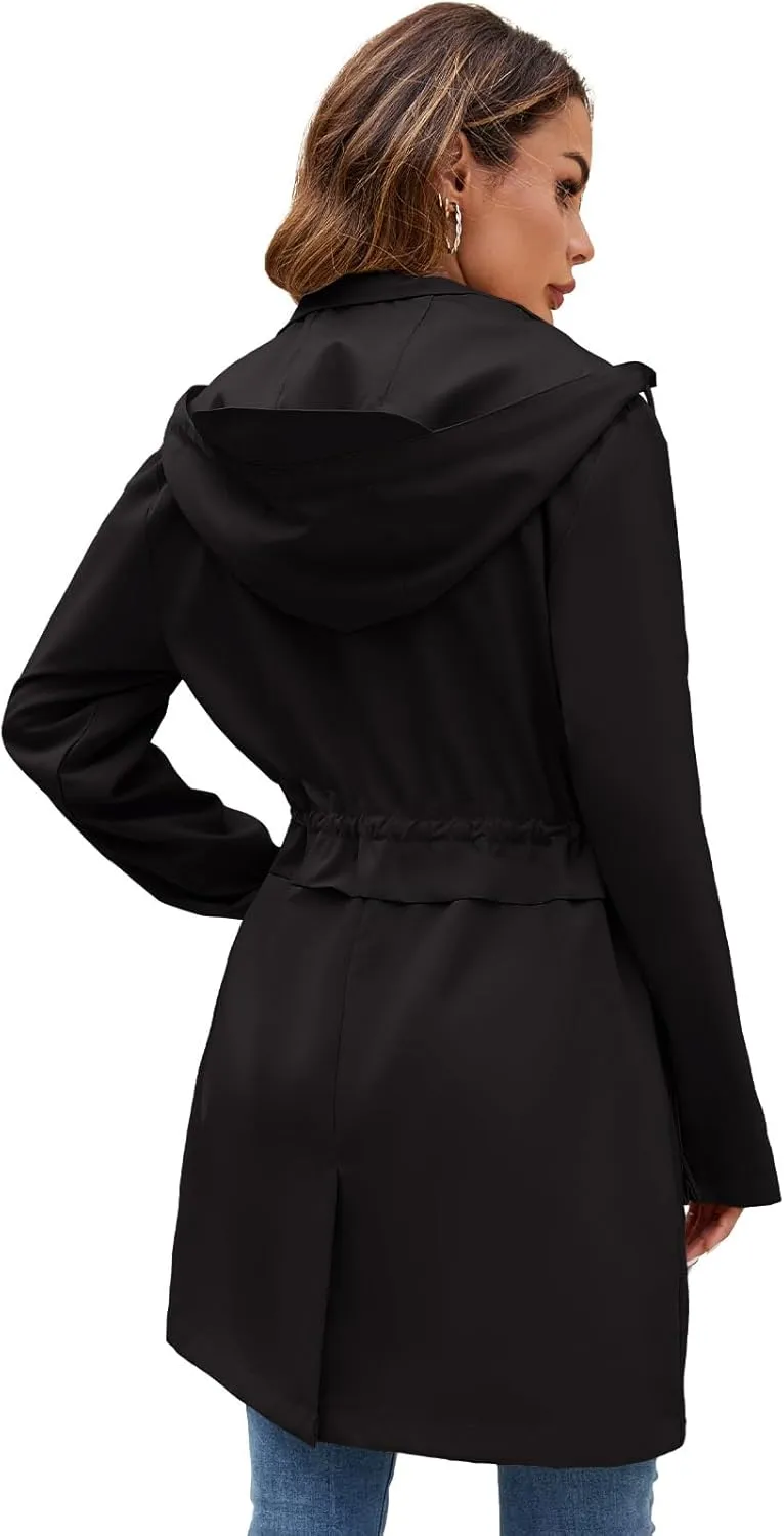 Womens Rain Jacket with Hood, Long Rain Coat for Women Waterproof Trench Coat Lined Windbreaker Fall Jacket