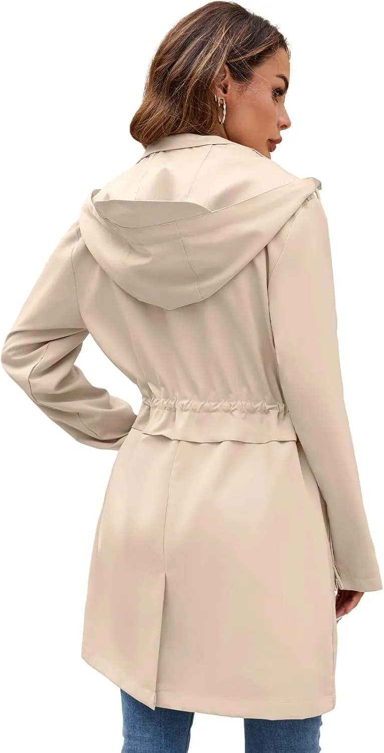 Womens Rain Jacket with Hood, Long Rain Coat for Women Waterproof Trench Coat Lined Windbreaker Fall Jacket
