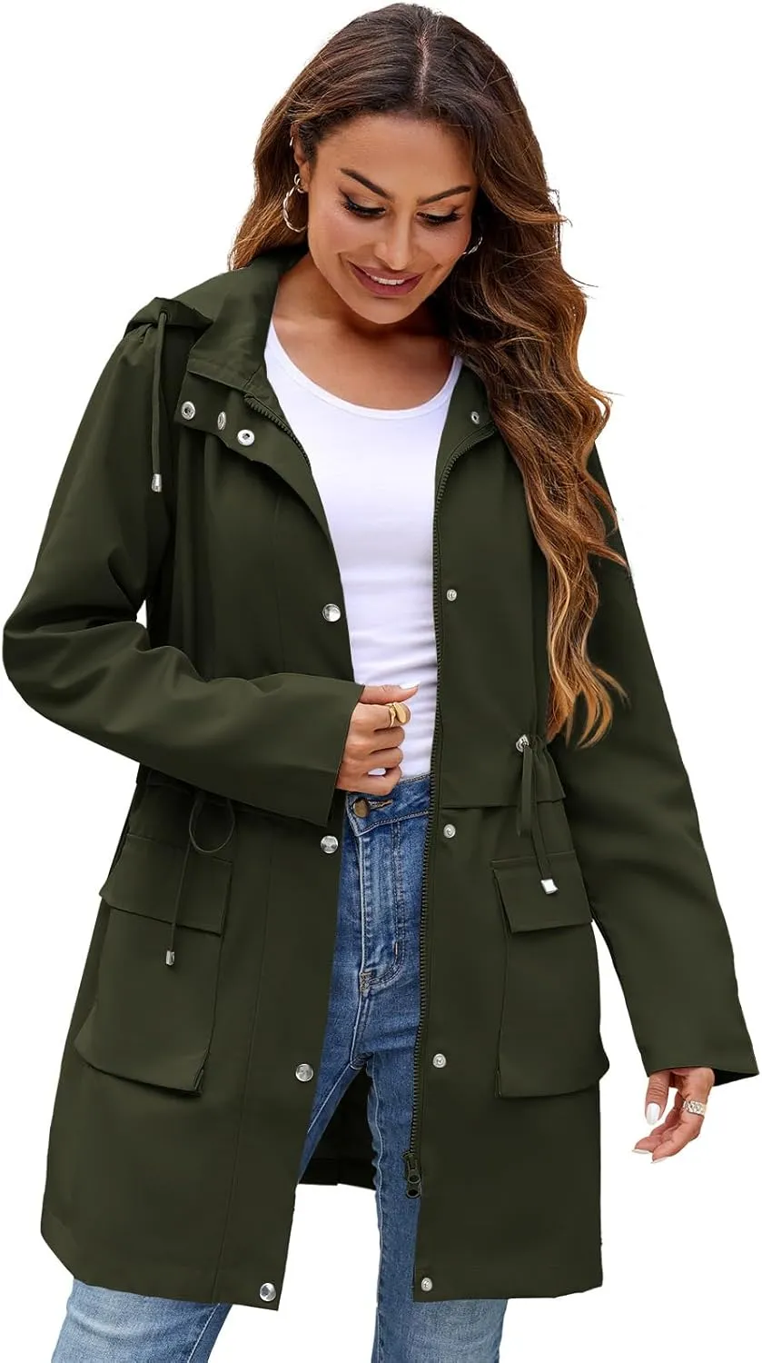 Womens Rain Jacket with Hood, Long Rain Coat for Women Waterproof Trench Coat Lined Windbreaker Fall Jacket